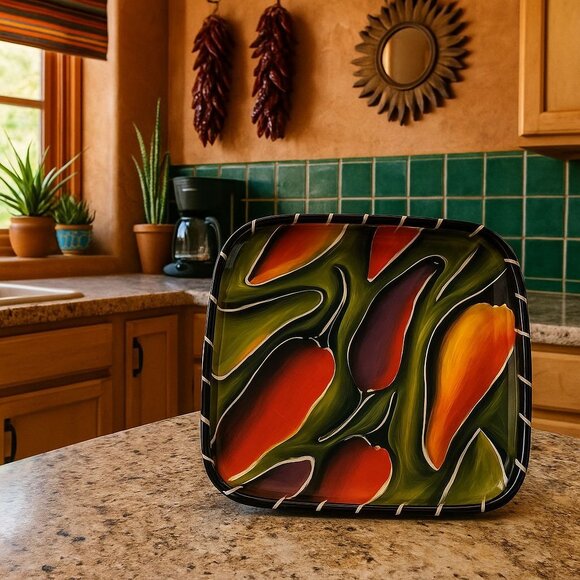Clay Art Cayenne Square Plate 8” Hand Painted Peppers StoneLite Southwestern - Picture 1 of 5